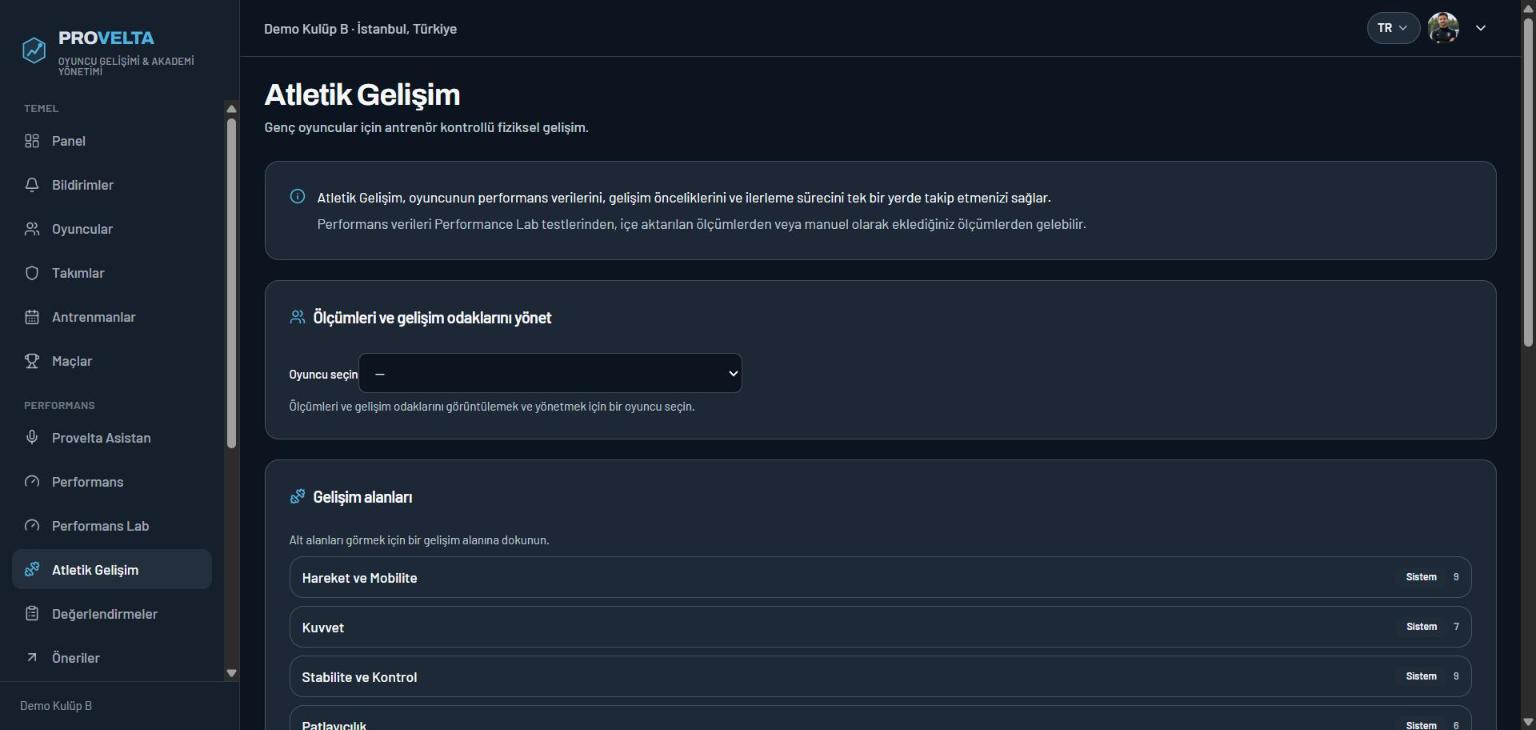 Atletik Gelişim ekranı: ölçüm ve gelişim odağı yönetimi, oyuncu seçimi ve sistem gelişim alanları listesi.