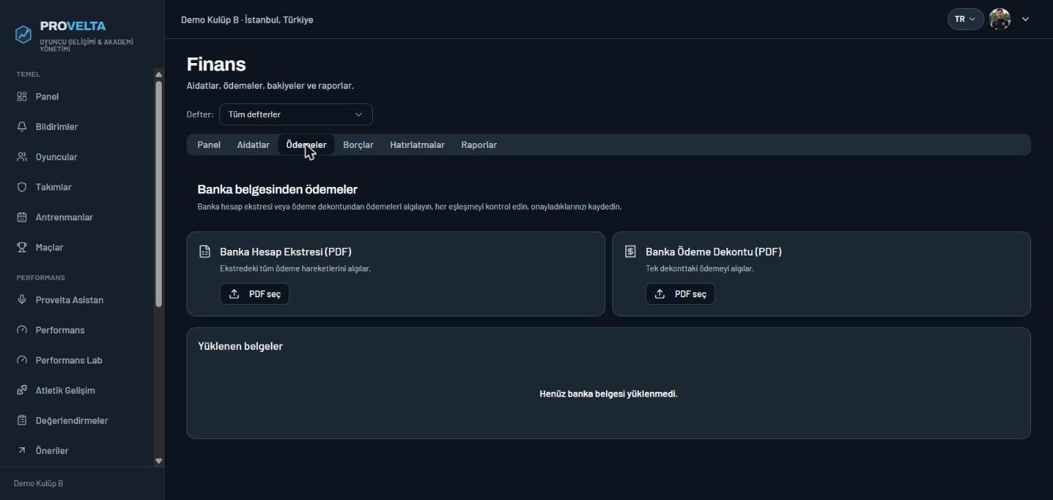 Finans Ödemeler sekmesi: banka hesap ekstresi ve banka ödeme dekontu için iki PDF yükleme kutusu ve yüklenen belgeler listesi.